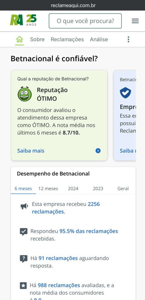 Betnacional é confiável segundo o Reclame Aqui