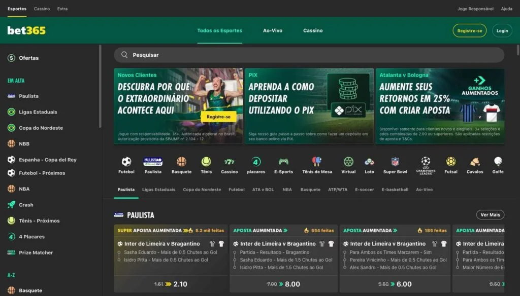 captura de tela mostrando as opções de apostas no site bet365 brasil