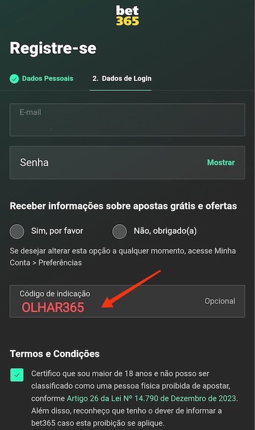 imagem da tela de cadastro na bet365 mostrando o local para adicionar o código de indicação bet365