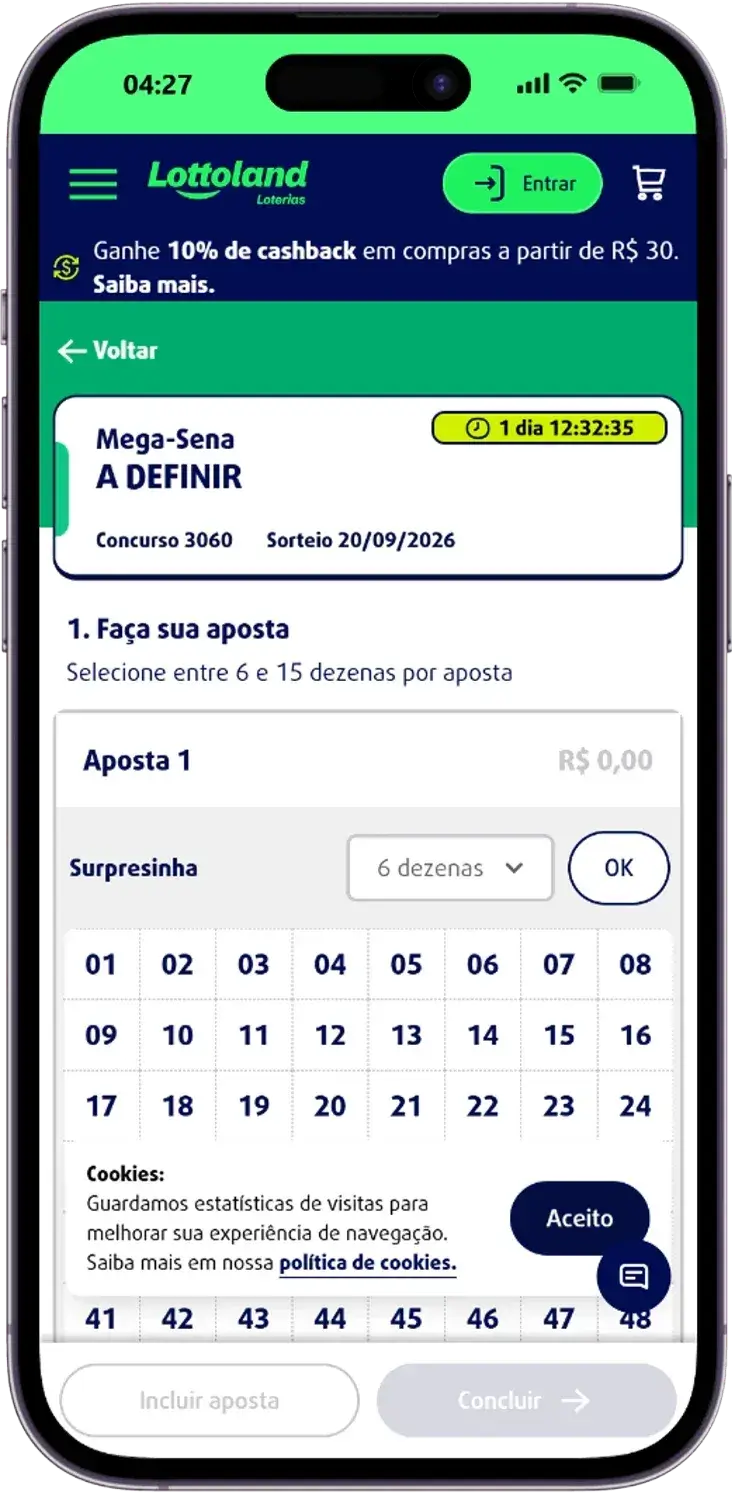Tela do aplicativo Lottoland demonstrando passo a passo como jogar na Mega Sena online.