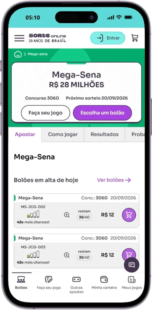 Tela do site Sorte Online com opções de apostas individuais e bolões da Mega Sena online.