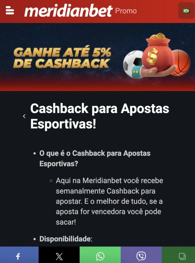 cashback sem código promocional meridianbet