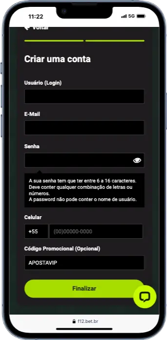 tela de cadastro com o código promocional F12 bet APOSTAVIP