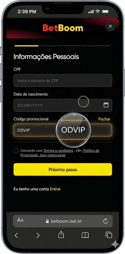Formulário de cadastro com código promocional BetBoom