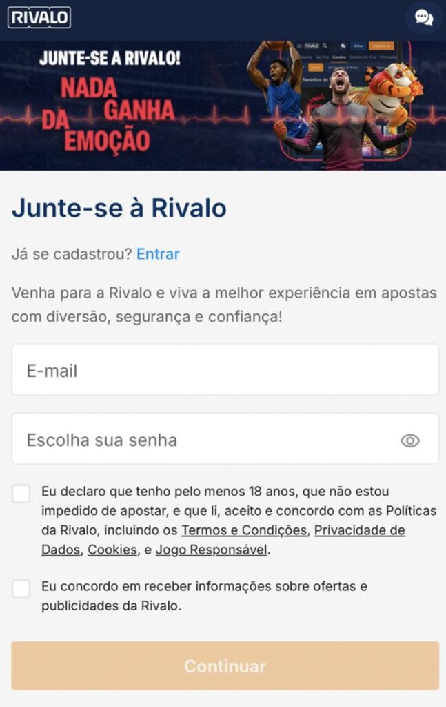 rivalo registro sem código promocional