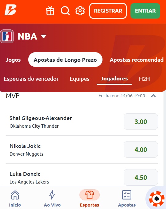 print da tela de apostas da NBA na betano pelo celular