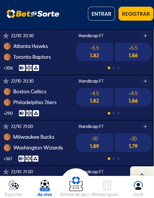 print da tela de apostas da NBA na bet dá sorte pelo celular