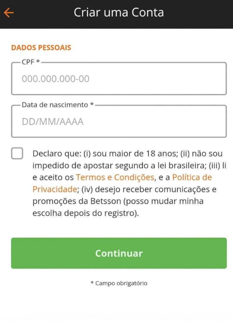 registro no app da betsson