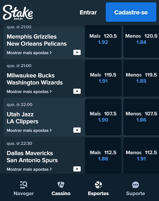 print da tela de apostas da NBA na stake pelo celular