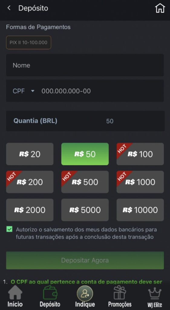 dep&oacute;sito wjcasino