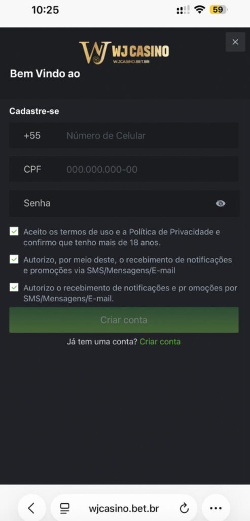 registro sem código promocional wjcasino