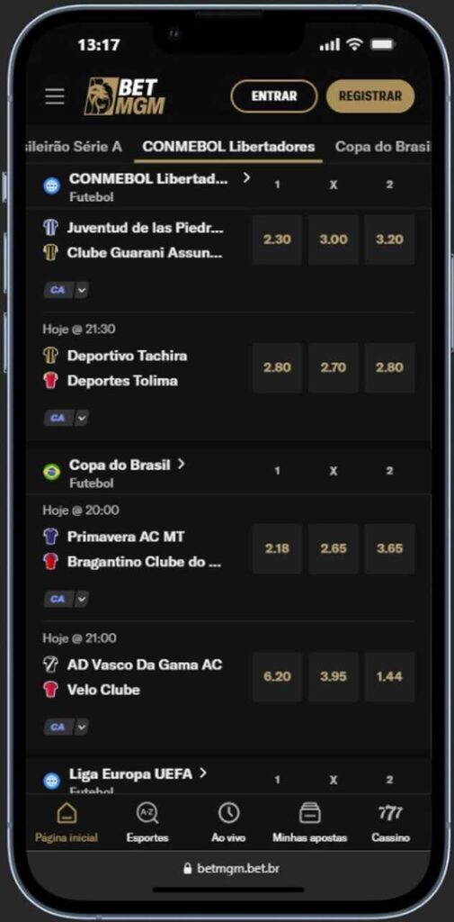 Interface da plataforma BetMGM no celular exibindo as principais opções de mercados esportivos.