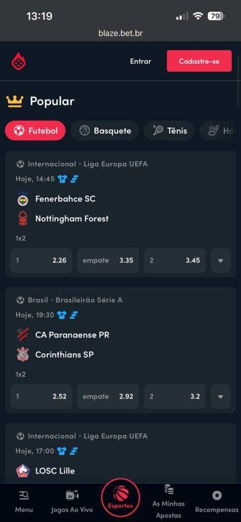 Captura de tela da seção de esportes no site móvel da Blaze.