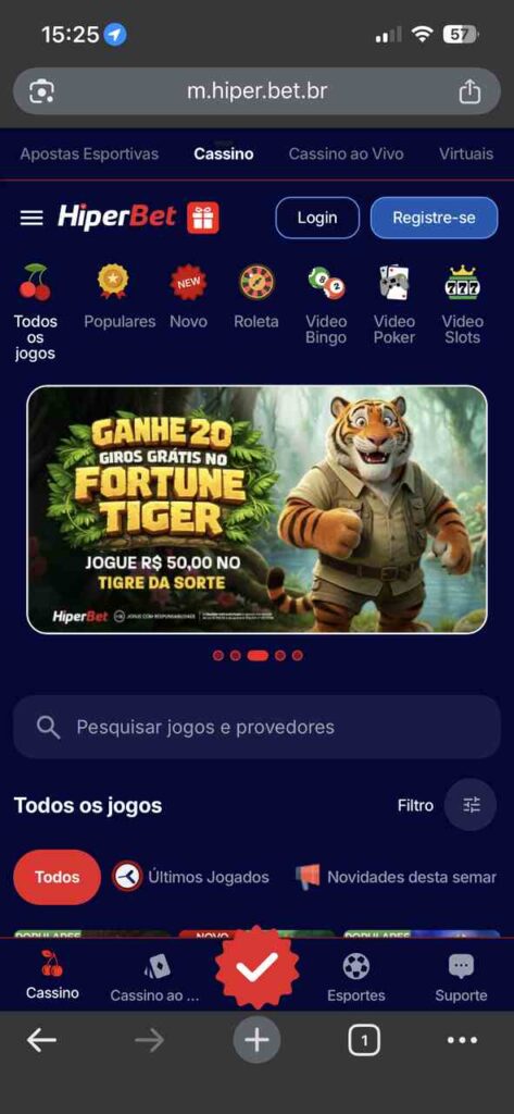 Seção de slots e jogos da Hiperbet, um dos cassinos que pagam via Pix com limites transparentes.