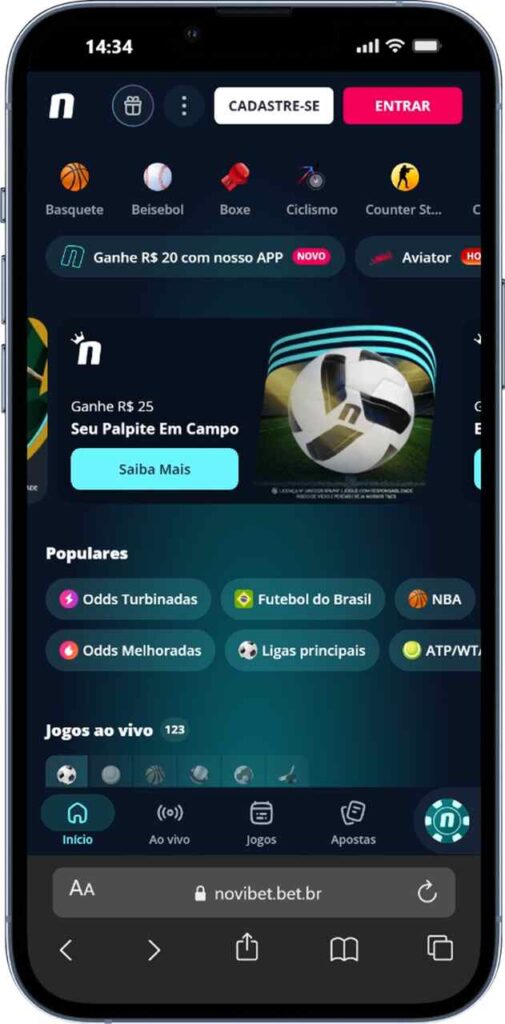 Captura de tela do aplicativo da Novibet exibindo mercados de apostas e promoções ativas