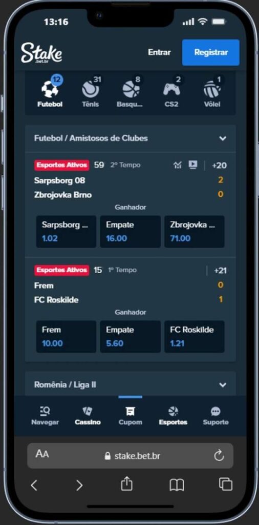 Interface do aplicativo da Stake no celular exibindo as odds para eventos esportivos.