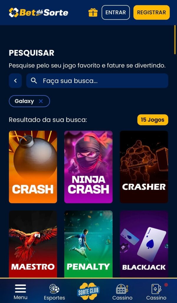 Seção de jogos de cassino no site da Bet dá Sorte