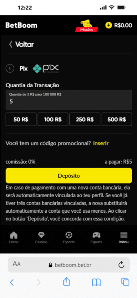 Tela do aplicativo da BetBoom mostrando o campo de depósito via Pix.