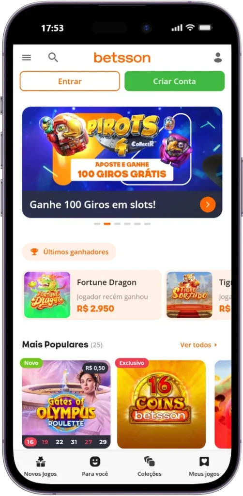 Visual da plataforma Betsson, um confiável cassino pix com aplicativo próprio.