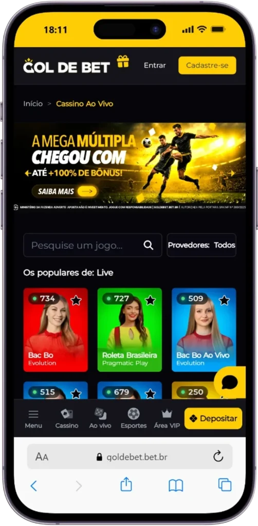Interface moderna da GoldeBet, um cassino pix com promoções de cashback diário.