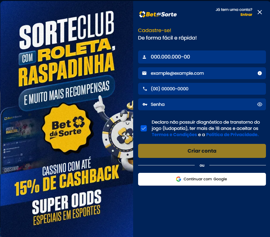 Como se cadastrar no Bet dá Sorte Cassino: passo a passo