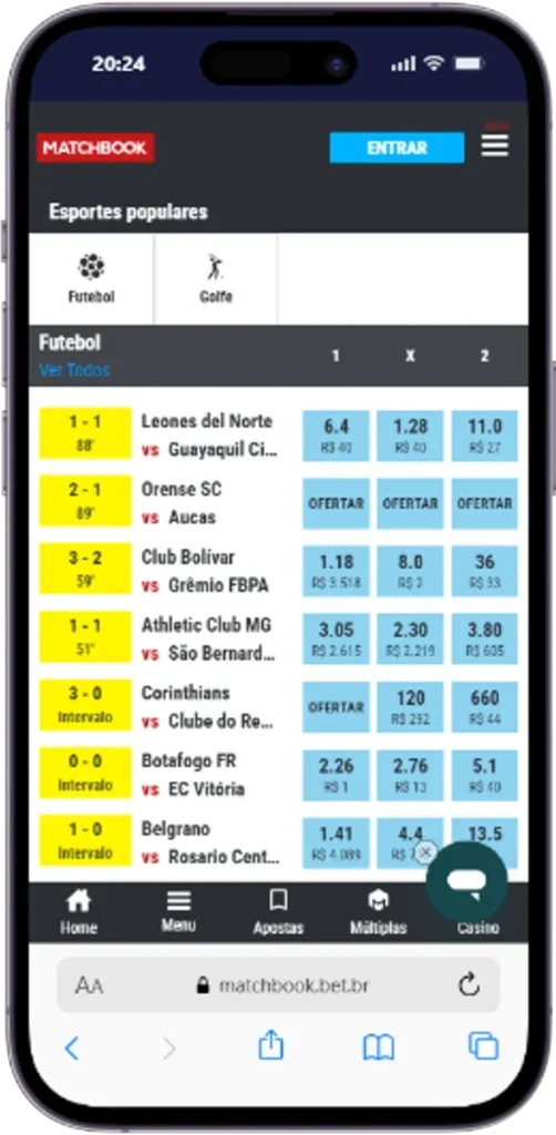 Tela do site da Matchbook no celular ilustrando a interface da plataforma de apostas no modelo de exchange