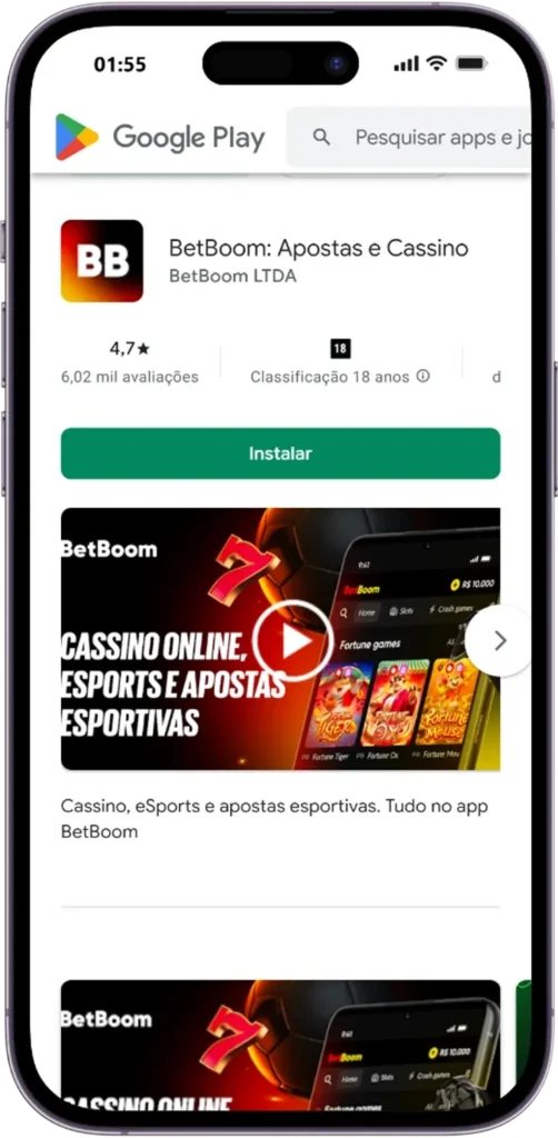 Tela do aplicativo da BetBoom na Google Play Store para download em celulares Android