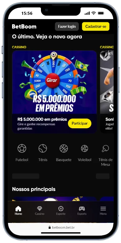 Tela inicial da plataforma Betboom, um dos melhores cassinos que pagam via Pix.