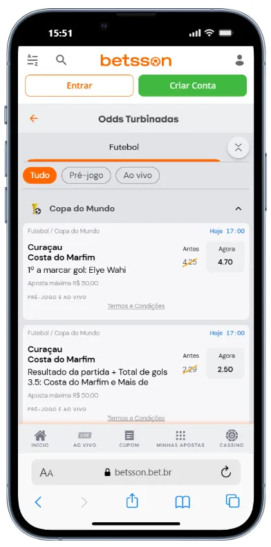 Tela do site da Betsson no celular ilustrando a facilidade de realizar apostas esportivas na plataforma