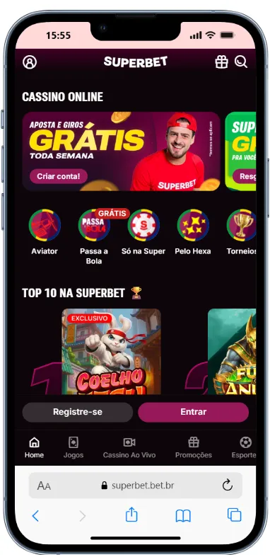 Plataforma da Superbet, destaque entre os cassinos que pagam via Pix com saque mínimo acessível.