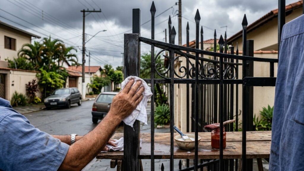 Adeus, portão de ferro enferrujado: o truque com produto de cozinha que remove a ferrugem sem lixar