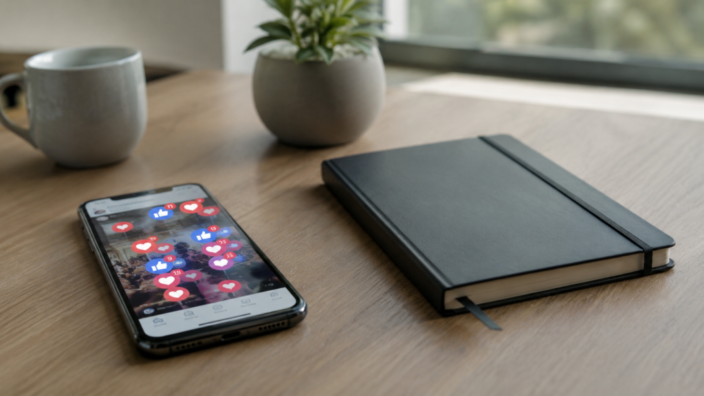 Smartphone sobre uma mesa exibindo ícones de curtidas e notificações de rede social, ao lado de um caderno fechado, representando o contraste entre validação externa e reflexão pessoal.