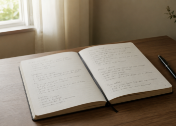 Momento de introspecção com caderno aberto, anotações pessoais e luz natural suave, simbolizando reflexão e autoconhecimento.