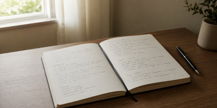 Momento de introspecção com caderno aberto, anotações pessoais e luz natural suave, simbolizando reflexão e autoconhecimento.