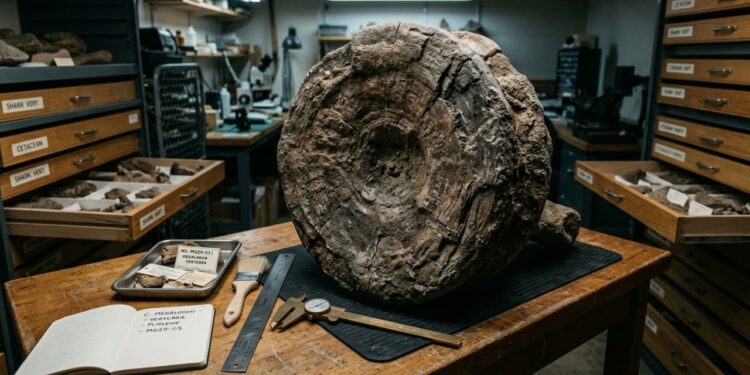A maior vértebra de megalodonte já registrada no mundo sumiu durante a mudança de um museu, agora cientistas a encontraram de novo