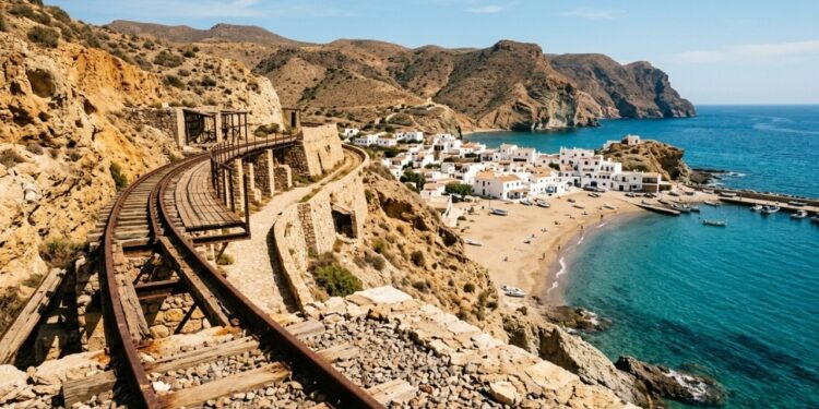 A vila branca onde uma ferrovia termina diante do mar Mediterrâneo