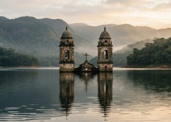 Duas torres emergem de um lago e guardam a cidade que precisou mudar de endereço