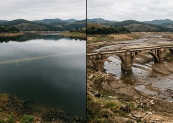 O rio baixa e uma antiga passagem ressurge diante de uma cidade paulista
