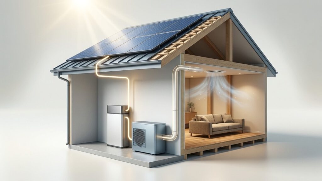 Casa que liga painéis solares, bateria e bomba de calor em corrente contínua pode reduzir a conta de luz em 16,7%