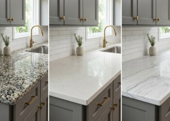 Qual o melhor material para bancada de cozinha: granito, quartzo ou mármore? Entenda qual resiste mais a manchas e vale o investimento