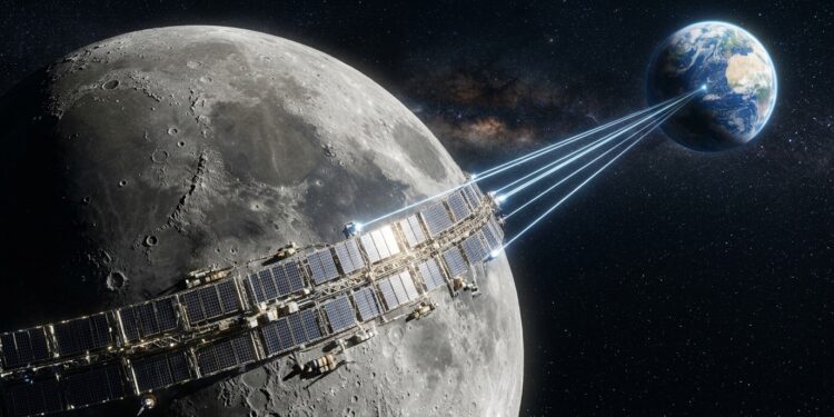 Projeto Luna Ring quer instalar 11 mil quilômetros de painéis solares ao redor da Lua e gerar 500 vezes a energia que o planeta consome- Imagem criada por inteligência artificial (ChatGPT / Olhar Digital)