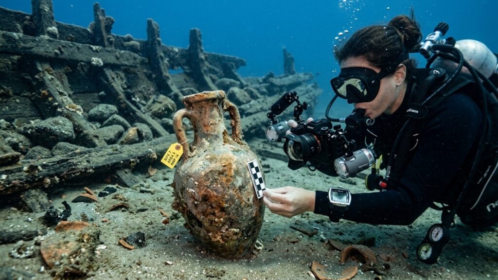 Um navio romano de 2.100 anos, encontrado a 46 metros de profundidade, não levava carga comum, mas centenas de ânforas usadas no comércio mediterrâneo
