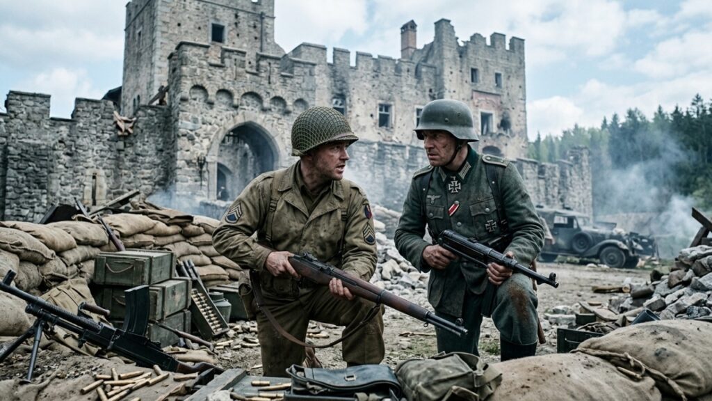 Nos últimos dias da Segunda Guerra, soldados americanos e militares alemães abandonaram por algumas horas a condição de inimigos para defender juntos um castelo cheio de políticos franceses contra tropas da SS