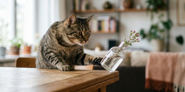 Veterinários concordam: o gato que derruba objetos da mesa não está sendo mal-educado, está testando a gravidade e exercitando o instinto de caça que precisa de estímulo diário, e gato que para de derrubar coisas pode estar doente