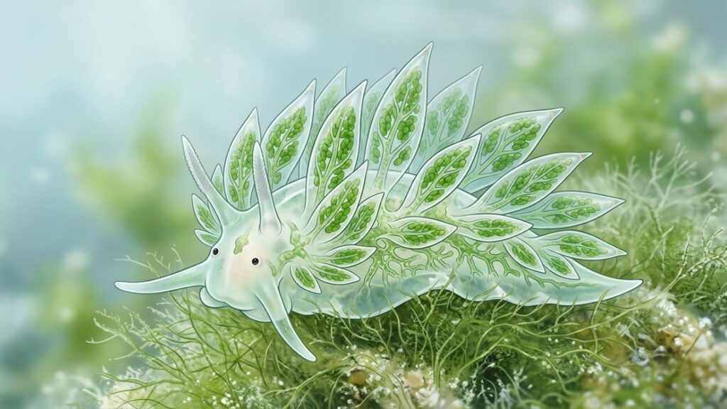 A lesma-do-mar Costasiella kuroshimae parece uma folha minúscula, rouba estruturas das algas, e consegue manter atividade fotossintética no corpo
