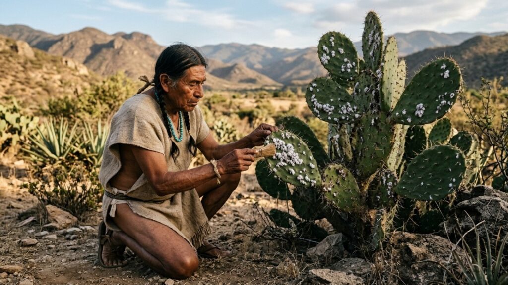 A tinta vermelha dos quadros antigos mais valiosos do mundo era feita esmagando milhares de um inseto específico do México que os astecas cultivavam em cactos, a Espanha manteve o monopólio desse pigmento por 300 anos como segredo de Estado, e até hoje esse mesmo inseto é o corante natural que dá a cor vermelha a iogurtes, batons e sucos de caixinha que milhões de pessoas consomem sem saber