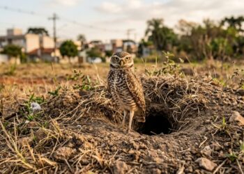 A coruja-buraqueira que vive em terrenos baldios de cidades brasileiras e que ninguém pode remover mesmo se estiver no lote onde o dono vai construir: a lei protege o ninho durante o período reprodutivo