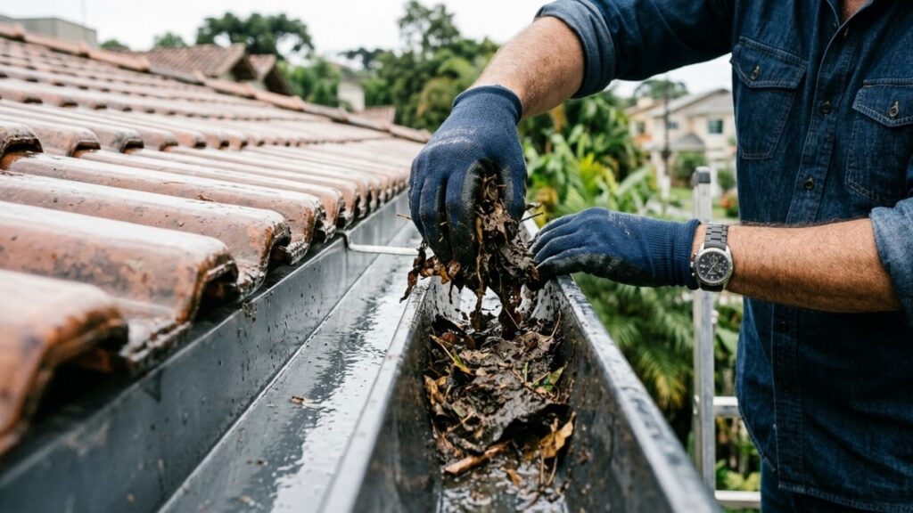 A calha de telhado entupida é o início de uma cadeia que pode custar R$ 20 mil em reforma e quase ninguém percebe: a água que transborda infiltra na parede, o reboco incha por dentro sem dar sinal por fora, o mofo aparece no guarda-roupa do quarto ao lado meses depois, e quando o pintor raspa a tinta descobre que o bloco por trás já está esfarelando