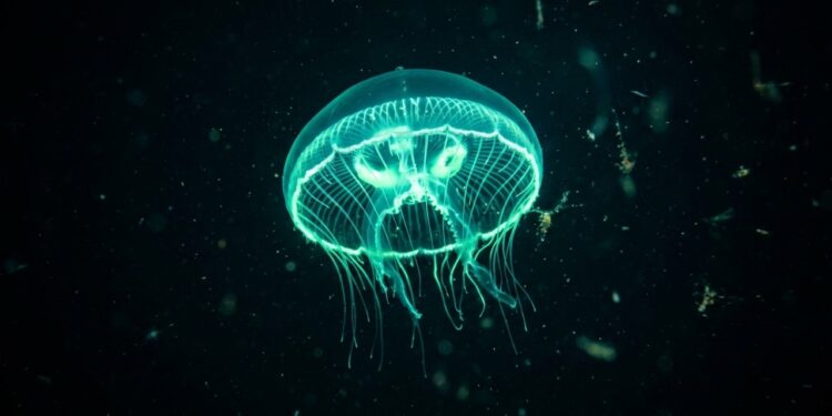 A água-viva-de-cristal brilha no escuro ao ativar proteínas luminosas durante movimentos no oceano