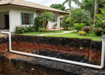 A gambiarra com tubo de PVC enterrado no jardim que funciona como ar-condicionado geotérmico caseiro: o ar entra quente por uma ponta, percorre 10 metros de tubo a 60 centímetros de profundidade onde o solo está sempre a 22 graus, e sai do outro lado até 8 graus mais frio sem gastar um centavo de energia